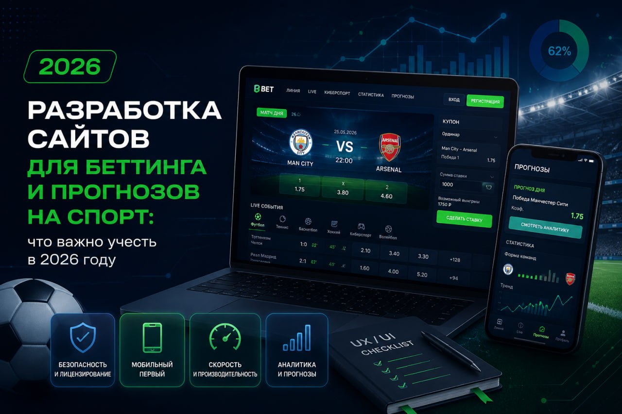 Изображение для статьи Разработка сайтов для беттинга и прогнозов на спорт: что важно учесть в 2026 году
